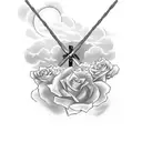 cross in a rose field with clouds opening up a sunset and a dove flying around  tattoo design idea