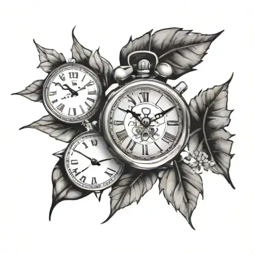 A tattoo design symbolizing growth, balance, and perspective in life, incorporating clocks and leafs in a micro realism style tattoo design idea