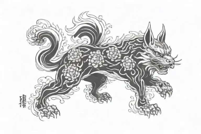 foo dog , fire rabbit with hanya mask, chrysanthemum flower , elements , turtle  tattoo design idea