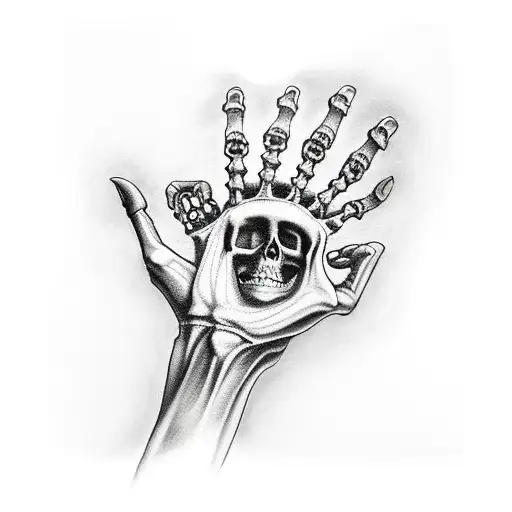 hand of god reaching down from heaven to touch a skeleton hand tattoo design idea