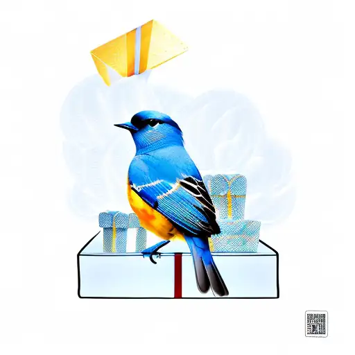 blue bird perched on a gift box tattoo design idea