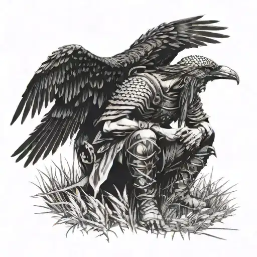 A warrior kneeling in a field of wheat, surrounded by crows tattoo design idea