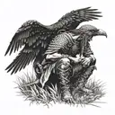 A warrior kneeling in a field of wheat, surrounded by crows tattoo design idea