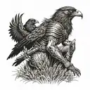 A warrior kneeling in a field of wheat, surrounded by crows tattoo design idea