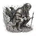 A warrior kneeling in a field of wheat, surrounded by crows tattoo design idea