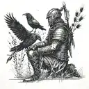 A warrior kneeling in a field of wheat, surrounded by crows tattoo design idea
