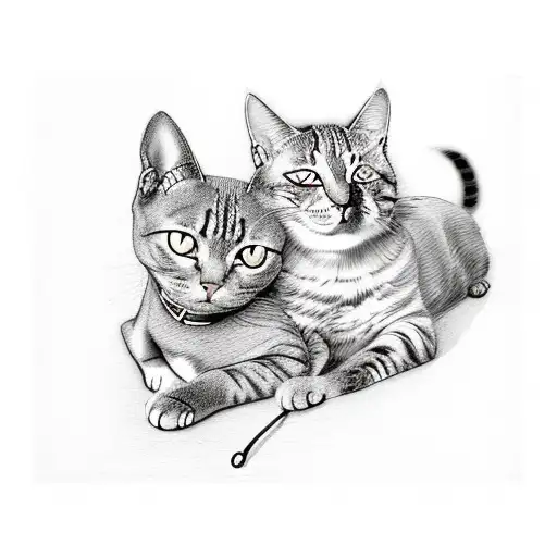 A cat and dog cuddling together in front of a Spanish sunset tattoo design idea