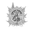 A magical Hogwarts castle surrounded by cannabis leaves tattoo design idea