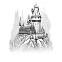 A magical Hogwarts castle surrounded by cannabis leaves tattoo design idea