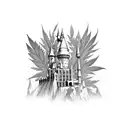 A magical Hogwarts castle surrounded by cannabis leaves tattoo design idea