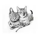 A cat and dog cuddling together in front of a Spanish sunset tattoo design idea