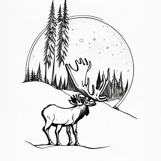 Majestic moose standing in a moonlit forest tattoo design idea