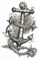 Anchor and rope surrounded by handwritten words "Beyond all the Seas" tattoo design idea