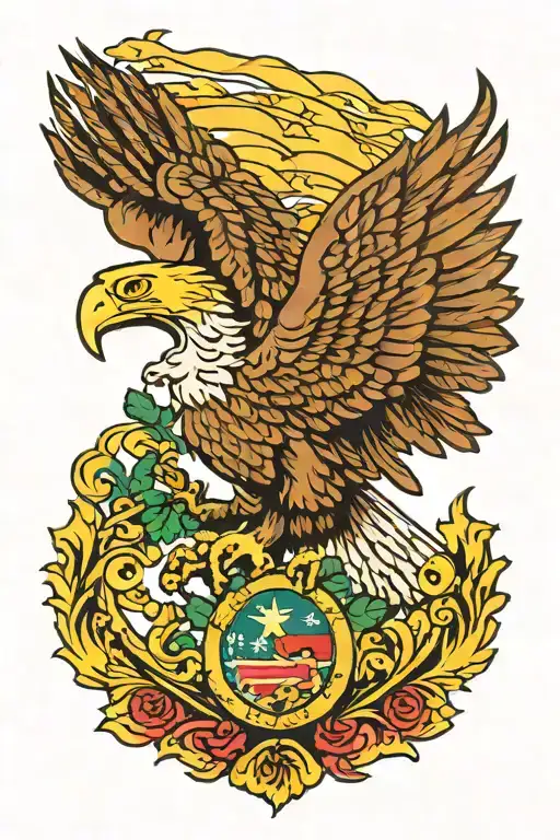 Thinking the Mexico American flag stuff with eagle and fire can start over the heart and then build up to sleeve tattoo design idea