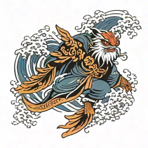Tengu and waves flowing tattoo design idea