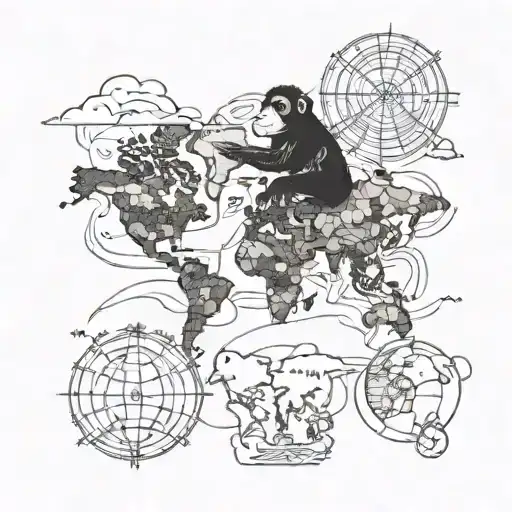 Monkey travelling around the world map tattoo design idea