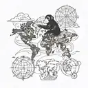 Monkey travelling around the world map tattoo design idea