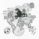 Monkey travelling around the world map tattoo design idea