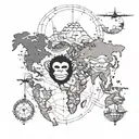 Monkey travelling around the world map tattoo design idea