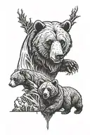 papa bear with cubs playing tattoo design idea