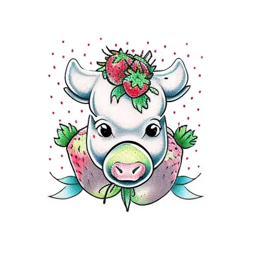 Pink strawberry cow walking with strawberry milk carton and strawberries American traditional tattoo design idea