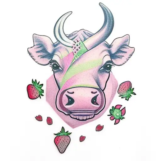 Pink cow walking with strawberry milk carton and strawberries tattoo design idea