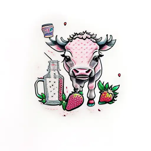Pink strawberry cow walking with strawberry milk carton and strawberries American traditional tattoo design idea