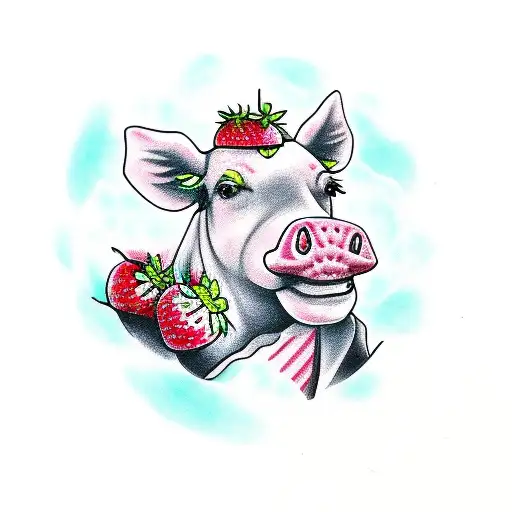 Pink cow walking with strawberry milk carton and strawberries tattoo design idea