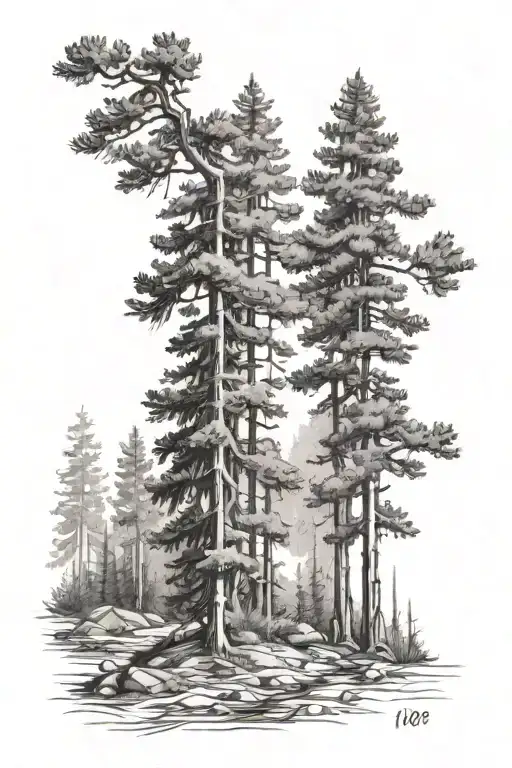douglas fir trees with small whitewater river running through the middle alongside a trail with the number 100 somewhere tattoo design idea