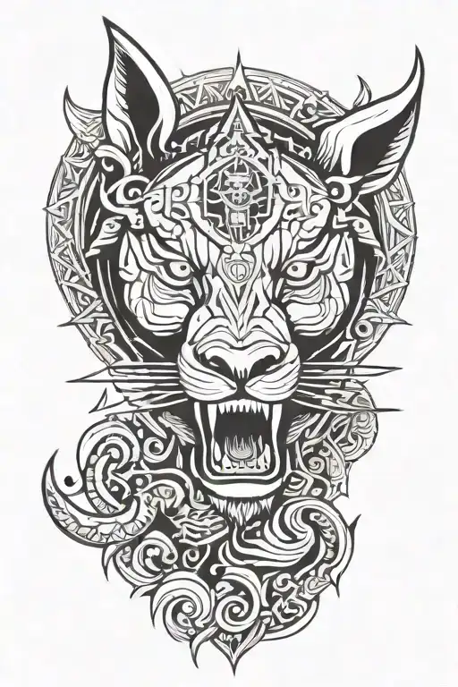 Trishul + Ganesh simple lines + wolf head tattoo design idea