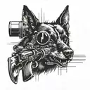 angry dog ​​with a grin, blood type and rifle scope tattoo design idea