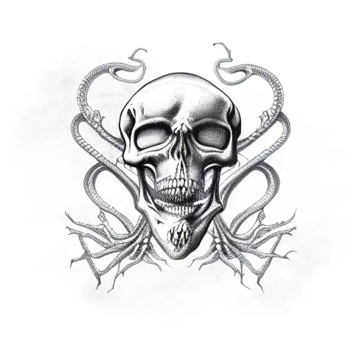 A snake skeleton intertwined with a skeletal hand, creating an eerie and mesmerizing composition tattoo design idea