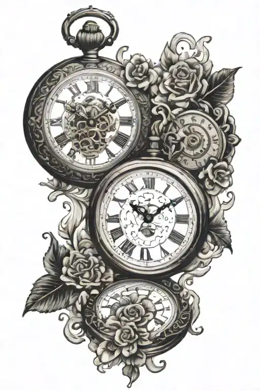 3 pocket watch showing 1:31 AM, 3:10 AM and 12:05 AM with background  tattoo design idea