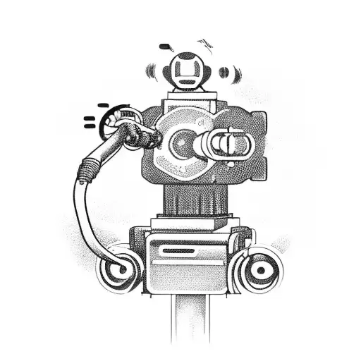 A robotic arm holding a joystick, with a soundtrack waveform flowing through it tattoo design idea