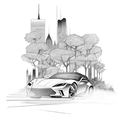 A sleek sports car speeding through a city skyline inspired by an anime tattoo design idea