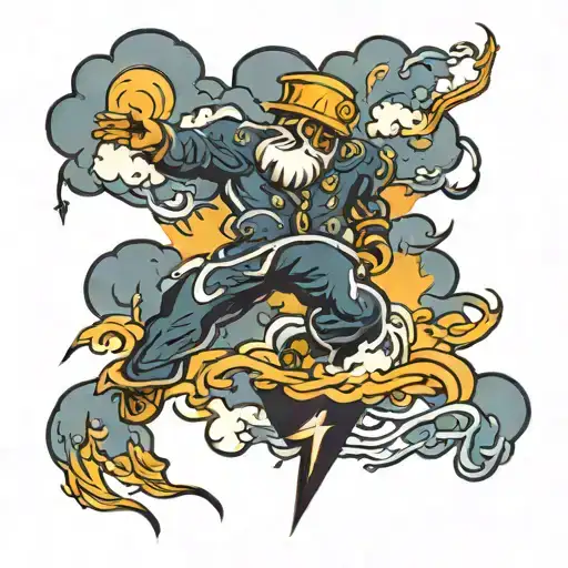 Navy blue background with a theme of a thunderstorm of clouds and lightning but at the same time someone walking through tattoo design idea