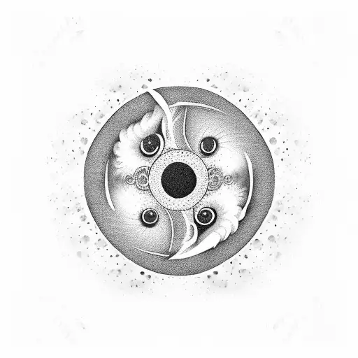 a black and white yin yang symbol with gray drops falling from it and two opposite color koi fish chasing the drops. tattoo design idea