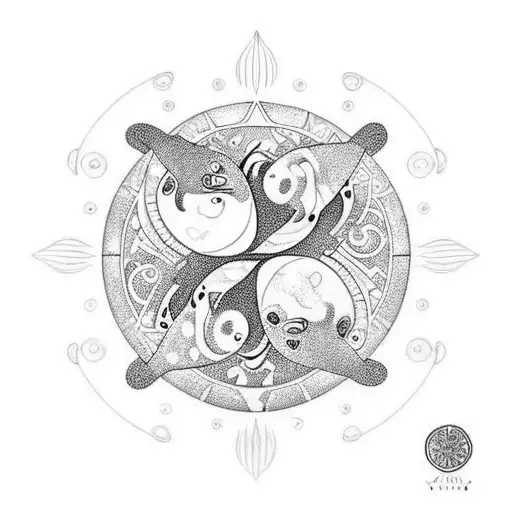 a yin-yang sign. there is a gray drop of water dripping from it. two koi fish are following the drops.  tattoo design idea