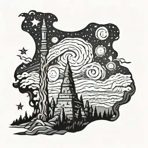 It will be Van Gogh's Starry Nights painting. There will be pyramids underneath. There will be a bust of Alexander the G tattoo design idea