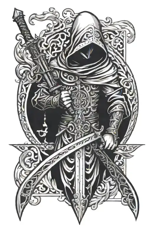 hooded figure holding a long sword  tattoo design idea