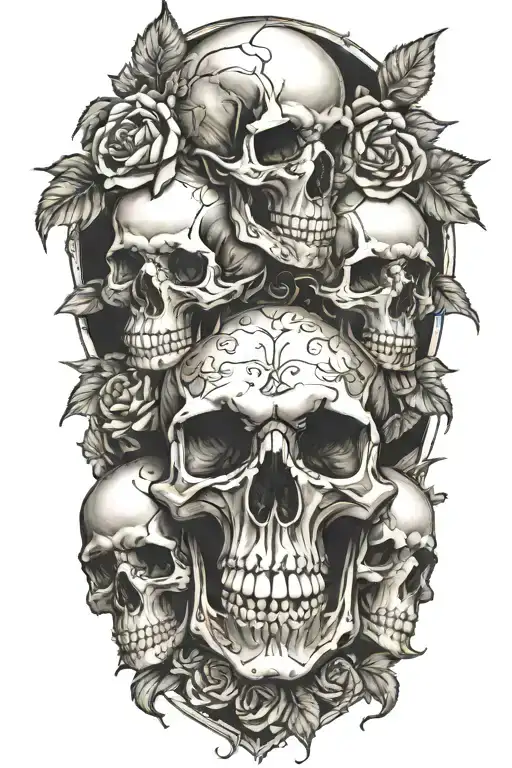 realistic design of 3 skulls placed side by side horizontally in a bed of roses.  tattoo design idea