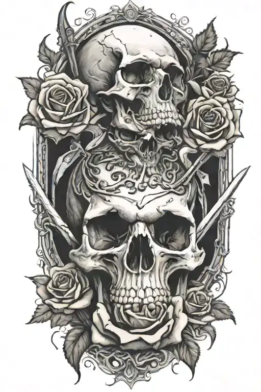 realistic design of skulls placed in a rose bed and a long sword piercing the skull from above tattoo design idea