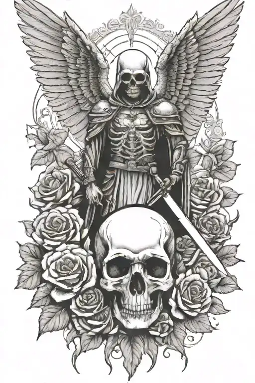 angel of death with sword stabbing a skull surrounded by roses tattoo design idea