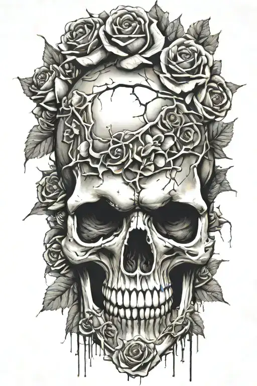 realistic design of a large cracked skull surrounded by smaller skulls placed side by side in a bed of roses.  tattoo design idea
