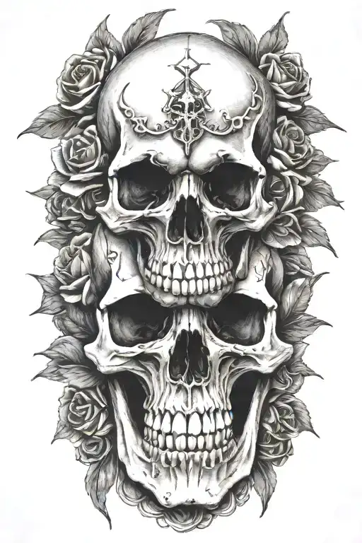 realistic design of 3 skulls placed side by side in a bed of roses. A long sword piercing the middle skull vertically tattoo design idea