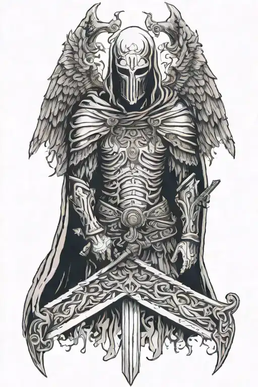 a hooded angel face not visible with angel like wings and a long broad sword tattoo design idea