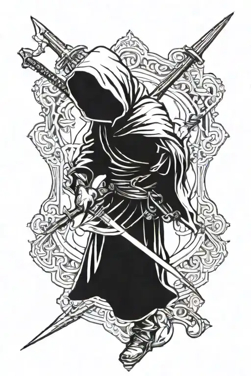 hooded figure holding a long sword  tattoo design idea