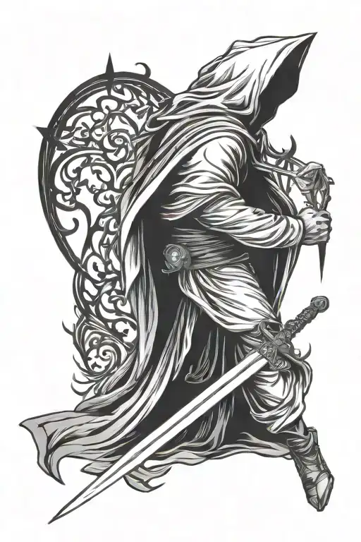 hooded figure holding a long sword  tattoo design idea