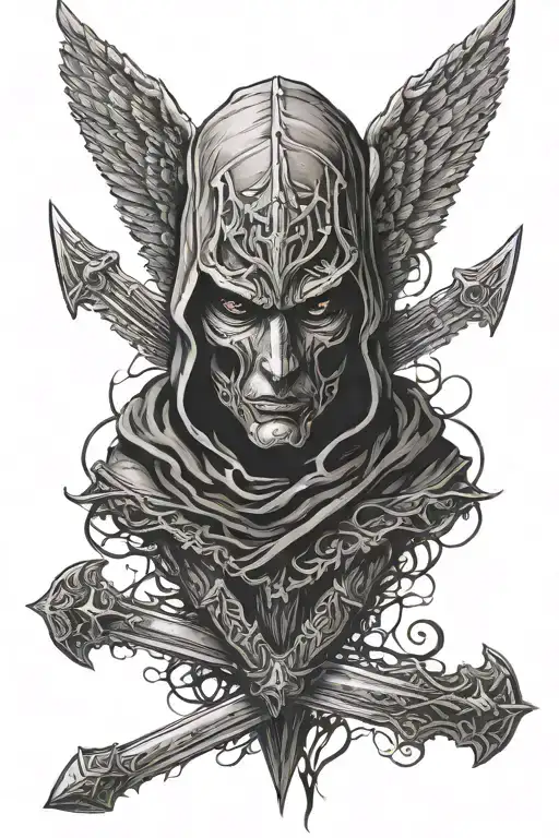 a hooded angel face not visible with angel like wings and a long broad sword tattoo design idea