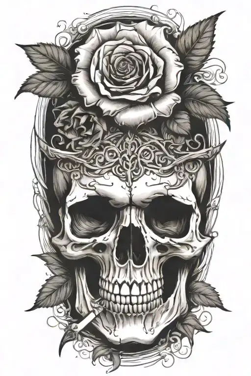 realistic design of a skull with a rose growing from its eye socket, and a long sword stabbed from above tattoo design idea
